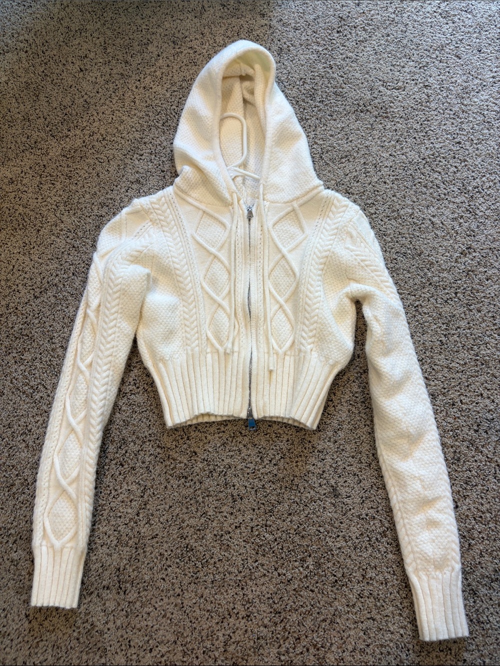 Edikted Cream Cable-Knit Zip Hoodie